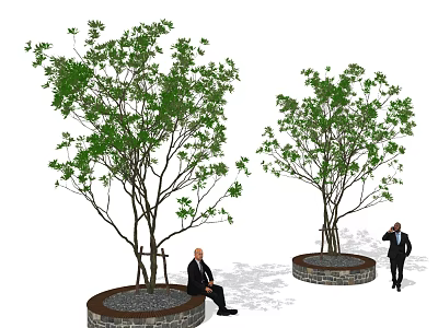 Stone Circular Tree Planter With Green Trees In Urban Public Space For People Resting 3d model