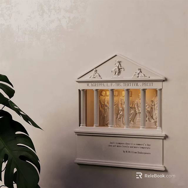 Classical Decorative Wall Lamp with Relief Carving Columns and Green Plant 3d model 