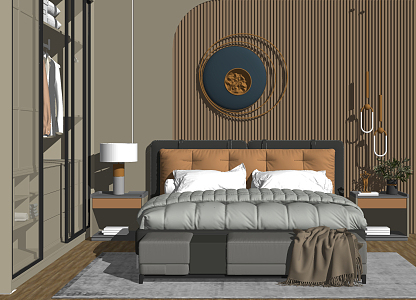 Modern Background Double Bed Wardrobe Bedding Foot 3d model