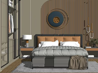 Modern Background Double Bed Wardrobe Bedding Foot 3d model