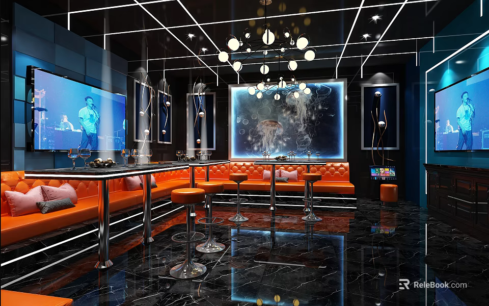 Modern KTV Lounge Interior With Orange Sofas Large Screen TVs Pendant Lights And Bar Stools 3d model 