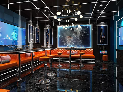 Modern KTV Lounge Interior With Orange Sofas Large Screen TVs Pendant Lights And Bar Stools 3d model
