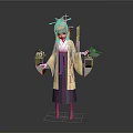 Anime Female Character Wearing Yellow Kimono Holding Mechanical Devices On Gray Background