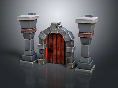 Medieval Style Entrance Gate With Stone Arch And Wooden Door Panels 3d model