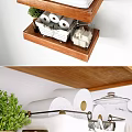 Elegant Bathtub Space With Wooden Shelves Towels Toilet Paper Rolls And Green Plant