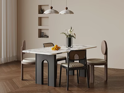 Modern Dining Table With Marble Top Chairs Decorative Vase Fruit And Pendant Lights 3d model