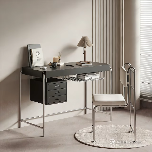 Modern Black Desk with Metal Frame Drawer and Wire Basket White Cushioned Chair with Lamp 3d model 