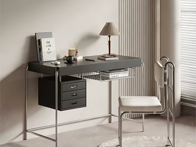 Modern Black Desk with Metal Frame Drawer and Wire Basket White Cushioned Chair with Lamp 3d model