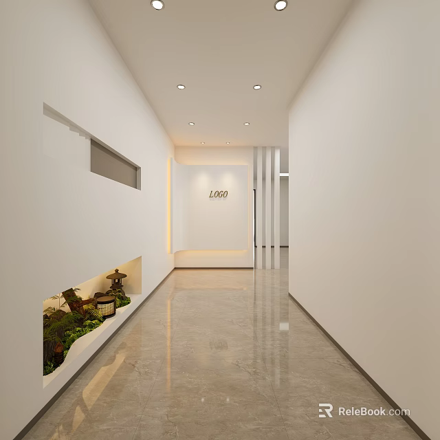 Modern Office Corridor Interior With White Walls Marble Flooring And Green Plants 3d model 