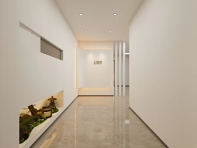 Modern Office Corridor Interior With White Walls Marble Flooring And Green Plants 3d model