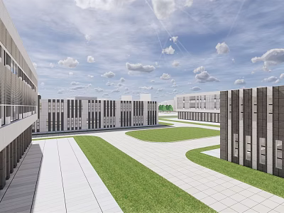 Modern Industrial Factory Building Complex With Green Lawn And Concrete Pathway 3d model
