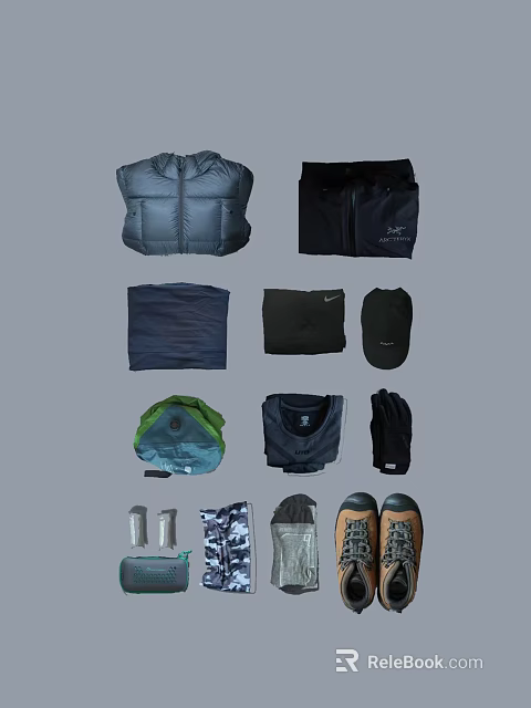Essential Outdoor Clothing Accessories Puffer Jacket Backpack Cap Gloves and Shoes 3d model 