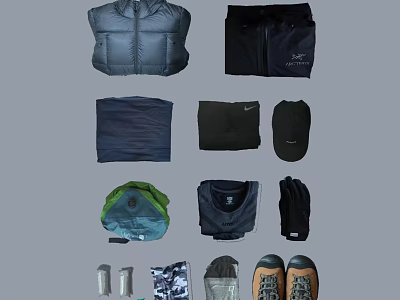Essential Outdoor Clothing Accessories Puffer Jacket Backpack Cap Gloves and Shoes 3d model