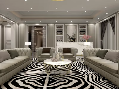 Elegant Living Room Interior With Zebra Print Rug Luxury Sofas Wine Rack And Marble Countertop 3d model