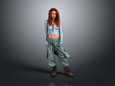Red Haired Woman In Light Blue Crop Top Green Baggy Pants Brown Boots Gray Backdrop 3d model