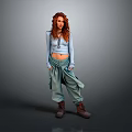 Red Haired Woman In Light Blue Crop Top Green Baggy Pants Brown Boots Gray Backdrop