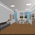 Modern Office Interior With Grey Sofa Wooden Flooring Recessed Lights Blue Curtains And Desk