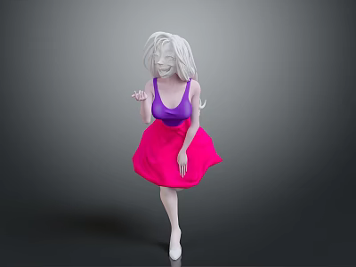 3D Female Character With White Hair Purple Top And Pink Skirt Against Gray Background 3d model