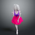 3D Female Character With White Hair Purple Top And Pink Skirt Against Gray Background