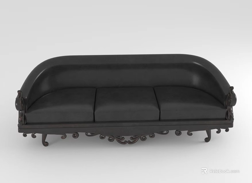 Black Three Seater Sofa With Classic Carved Armrests And Decorative Legs Design 3d model 