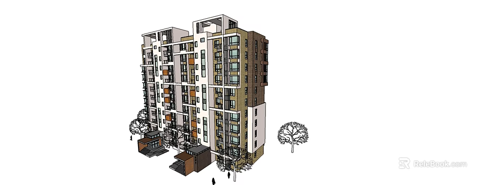 Modern Multi Story Residential Building Exterior With Balconies Trees And People 3d model 