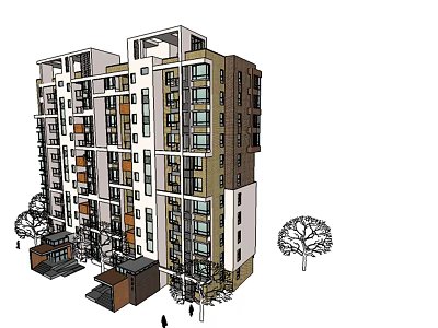 Modern Multi Story Residential Building Exterior With Balconies Trees And People 3d model