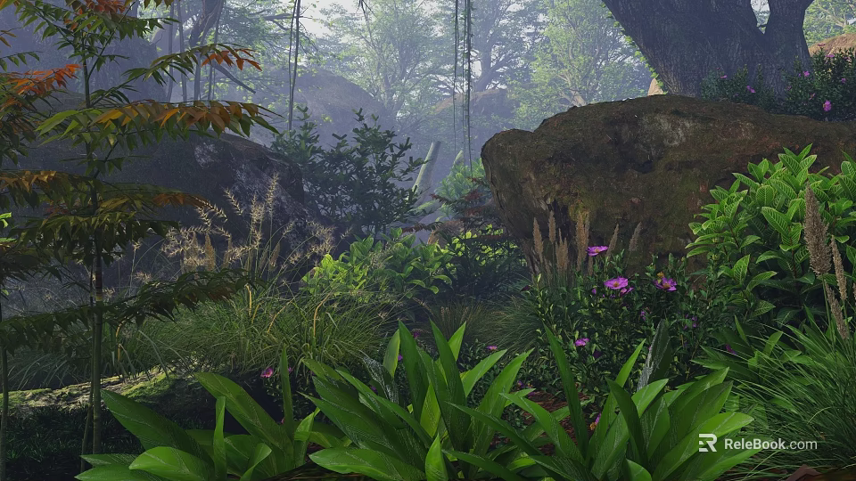 Tall Trees In Misty Forest Scene With Large Rocks Lush Green Plants And Purple Flowers 3d model 