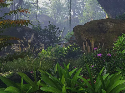Tall Trees In Misty Forest Scene With Large Rocks Lush Green Plants And Purple Flowers 3d model