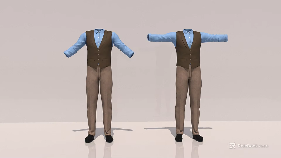 Stylish Men's Outfit With Blue Shirt Brown Vest Brown Pants And Black Shoes 3d model 