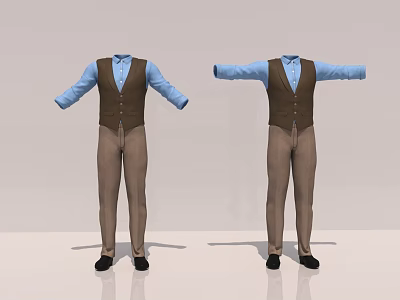 Stylish Men's Outfit With Blue Shirt Brown Vest Brown Pants And Black Shoes 3d model