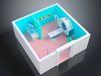 Medical Examination Room Interior With CT Scanner Examination Table Blue Walls And Pink Floor 3d model