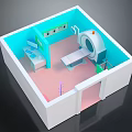 Medical Examination Room Interior With CT Scanner Examination Table Blue Walls And Pink Floor