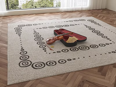 Square Area Rug With Black Circular Patterns And Red Shoes On Wooden Floor 3d model