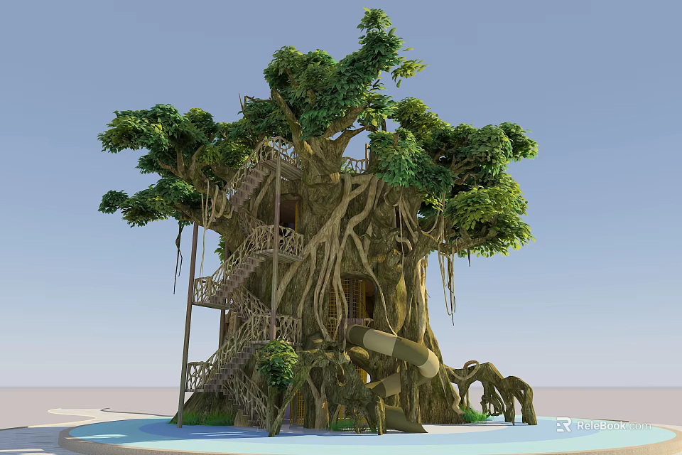 Enchanting Treehouse Design With Large Tree Roots Staircase Slide And Green Leaves 3d model 