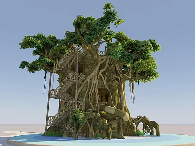 Enchanting Treehouse Design With Large Tree Roots Staircase Slide And Green Leaves 3d model