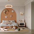 Modern Luxury Bedroom With Moon Star Headboard Chandelier Plush Toys And White Orange Decor