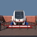 Modern White And Red Metro Train On Display With Brick Walls And Visitors