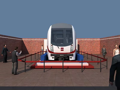 Modern White And Red Metro Train On Display With Brick Walls And Visitors 3d model