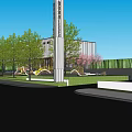 Modern Garden Landscape Design With Tall Tower Green Trees Lawn And Building Path