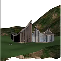 Boutique Guesthouse Building With Curved Wooden Roof Large Glass Windows And Green Lawn