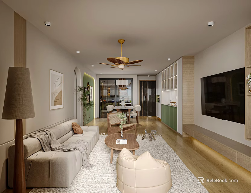 Cozy Natural Wood Tone Integrated Living And Dining Room Modern Home Interior Design 3d model 