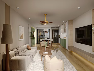 Cozy Natural Wood Tone Integrated Living And Dining Room Modern Home Interior Design 3d model