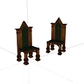 Wooden Chairs with Gothic Pointed Backrest Green Upholstered Seat and Carved Legs Design