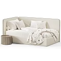 Modern Soft Beige Upholstered Kids Bed With Cozy Star Patterned Bedding And Light Wooden Nightstands