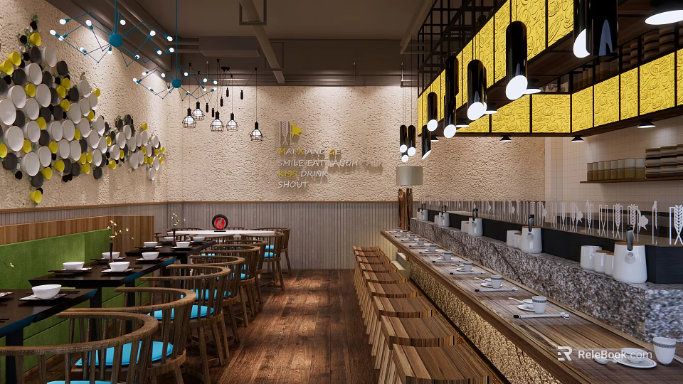 Bright Modern Restaurant Interior With Yellow Decor Wooden Tables Hanging Lamps And Wall Artwork 3d model 