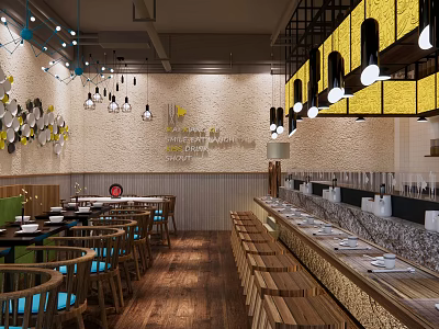 Bright Modern Restaurant Interior With Yellow Decor Wooden Tables Hanging Lamps And Wall Artwork 3d model