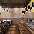 Bright Modern Restaurant Interior With Yellow Decor Wooden Tables Hanging Lamps And Wall Artwork