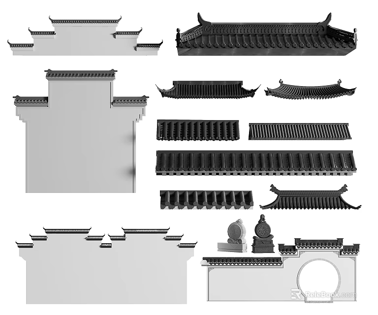 Traditional Chinese Architectural Components Featuring Classic Roofs Eaves Brackets And Decorative Elements 3d model