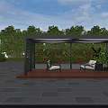 Modern Outdoor Pergola With Metal Frame Transparent Canopy Wooden Floor Greenery And Seats