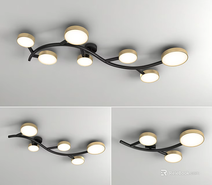 Modern Branch Shaped Ceiling Light With Multiple Round Lamps And Black Frame 3d model
